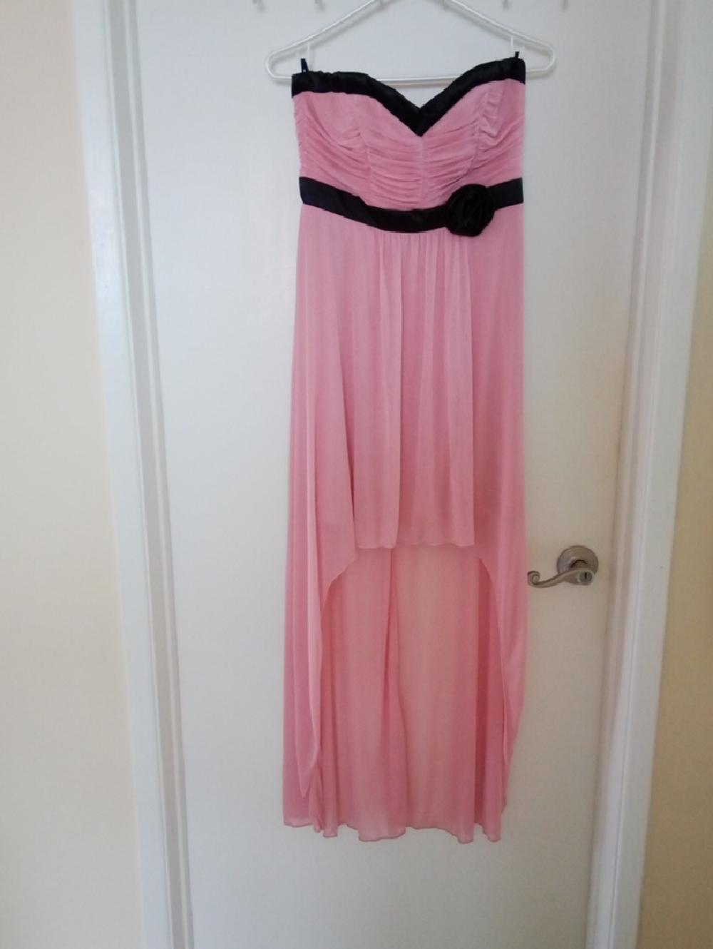 Soft Pink Flowing Sheer Strapless Pink High-Low Dress with Black Trim